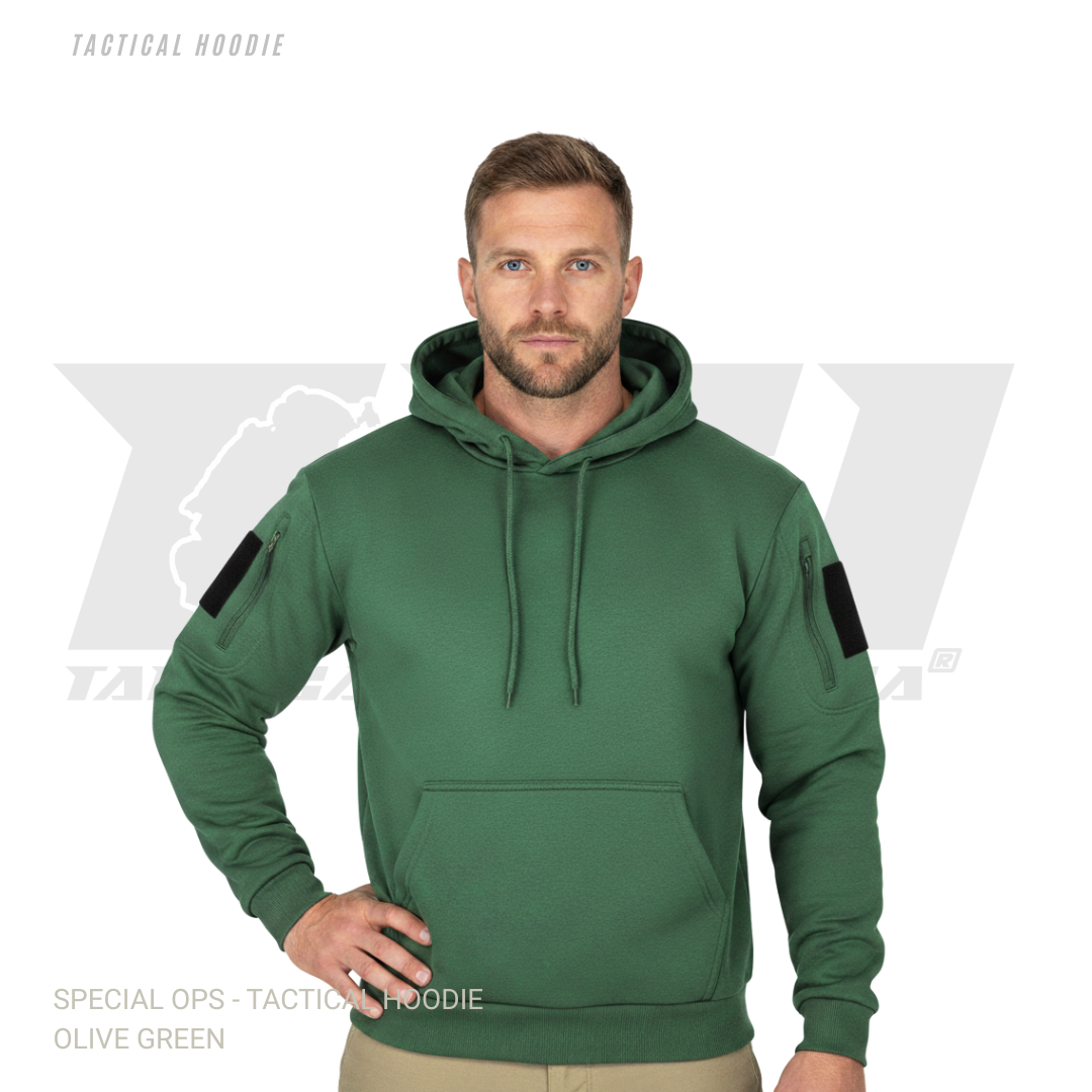 Men's tactical hoodie olive drab with zipper sleeve pockets for law enforcement and outdoor operations