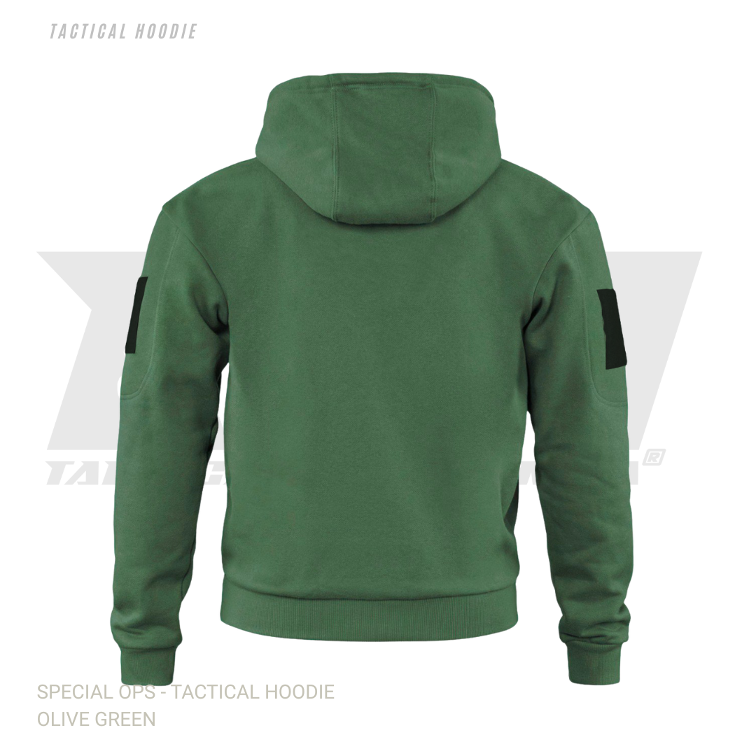 Olive green operator hoodie with tactical sleeve pockets and customizable patch panels for special operations