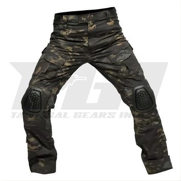 Black multicam tactical pants with cargo pockets and magazine stabilizers for military and law enforcement