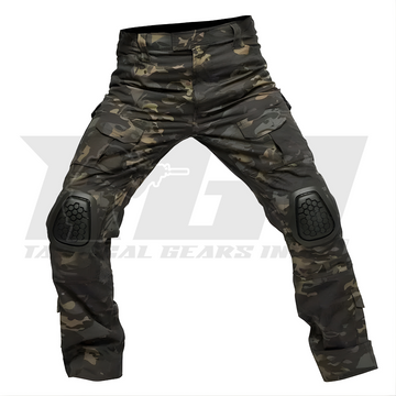 Black multicam tactical pants with cargo pockets and magazine stabilizers for military and law enforcement