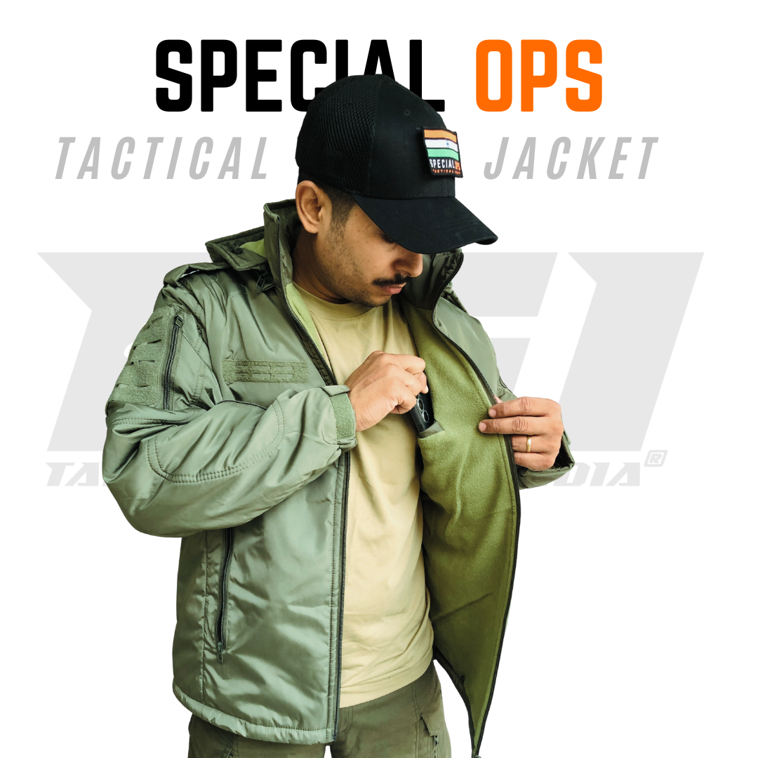 Detail shot showing the removable hood and heavy-duty zipper on the Special Ops Jacket.