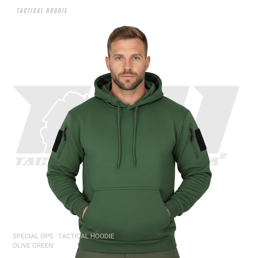 Military-style tactical hoodie featuring velcro morale patch panels and secure zipper pockets for winter wear