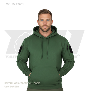 Military-style tactical hoodie featuring velcro morale patch panels and secure zipper pockets for winter wear