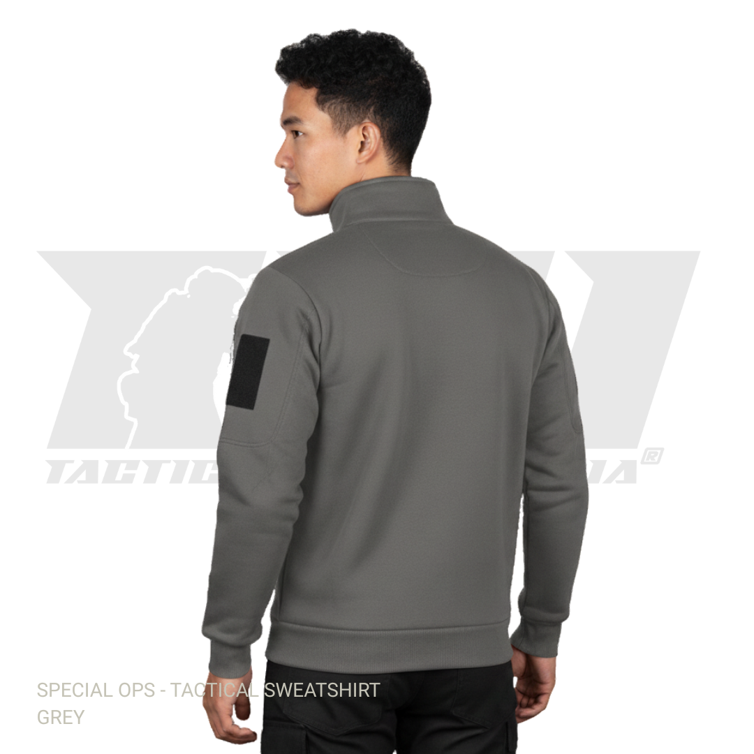 Combat-grade tactical sweatshirt featuring dual sleeve pockets for law enforcement and military use