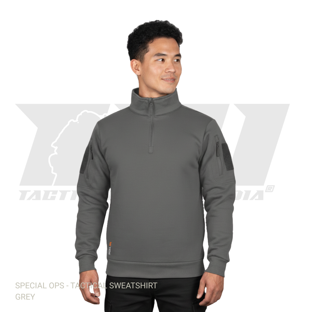 Grey tactical sweatshirt with sleeve zipper pockets and velcro patch panels for winter military operations