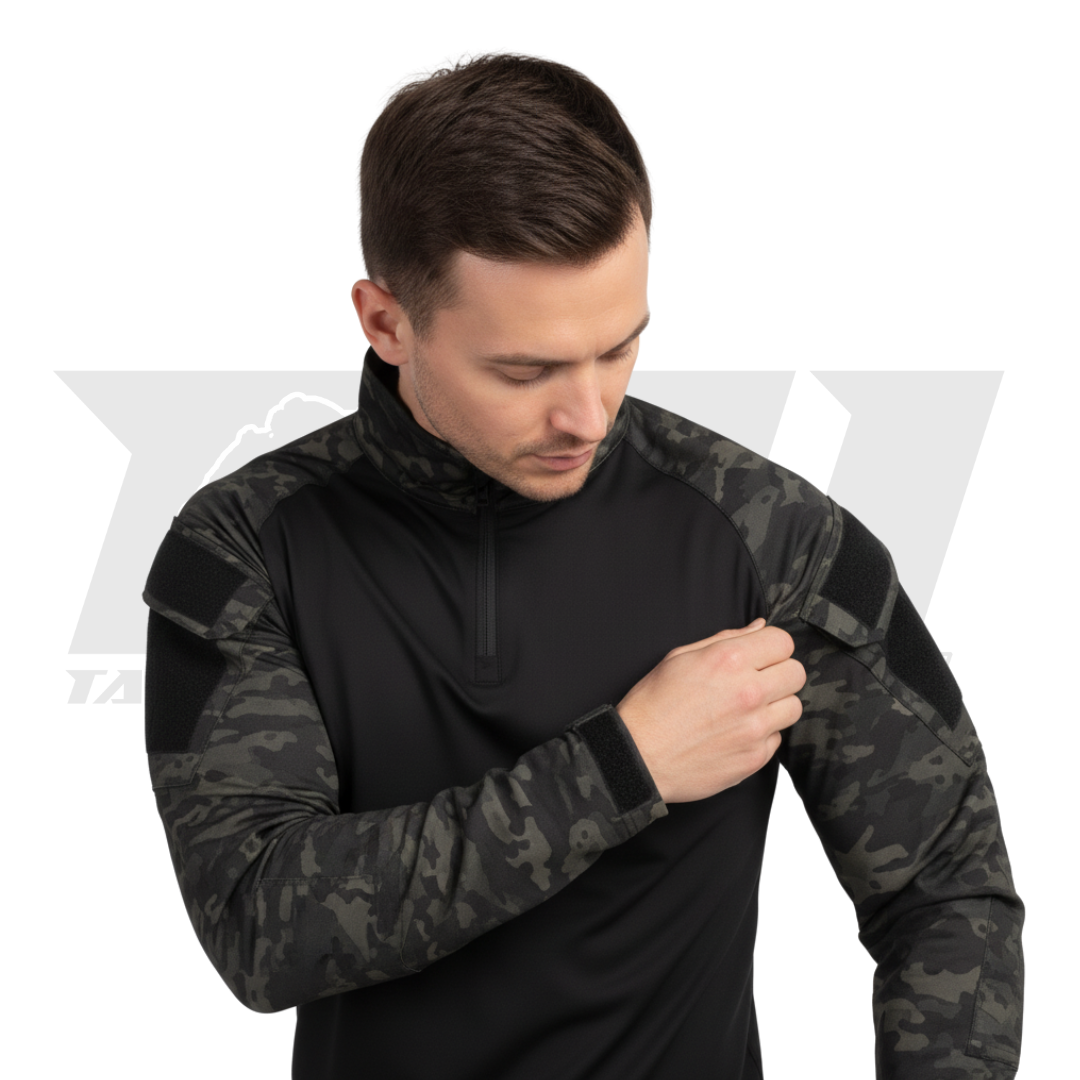 Professional grade tactical gear black multicam uniform with removable knee pad compatibility and cargo pockets