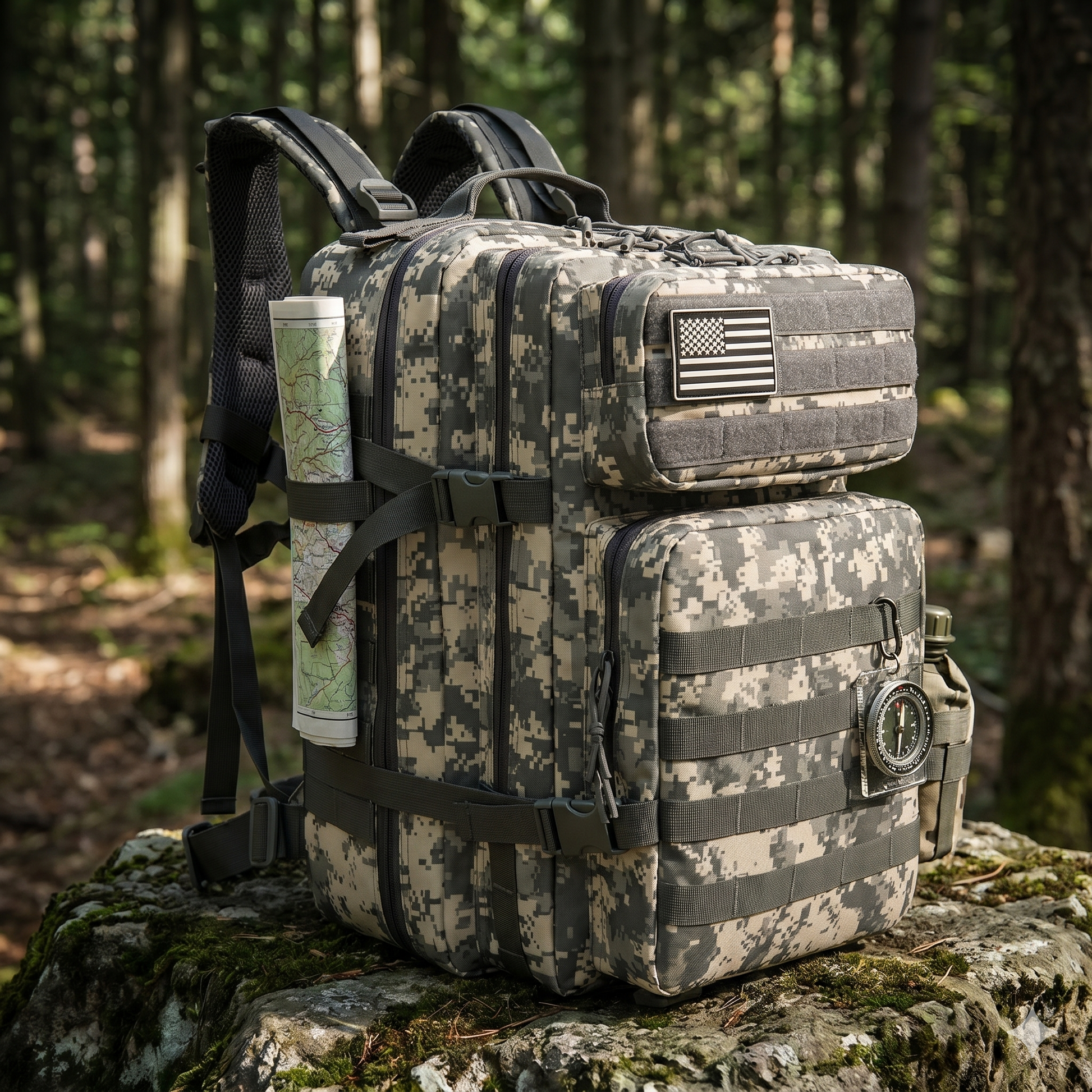 Large digital camo tactical backpack with American flag patch and MOLLE attachment system