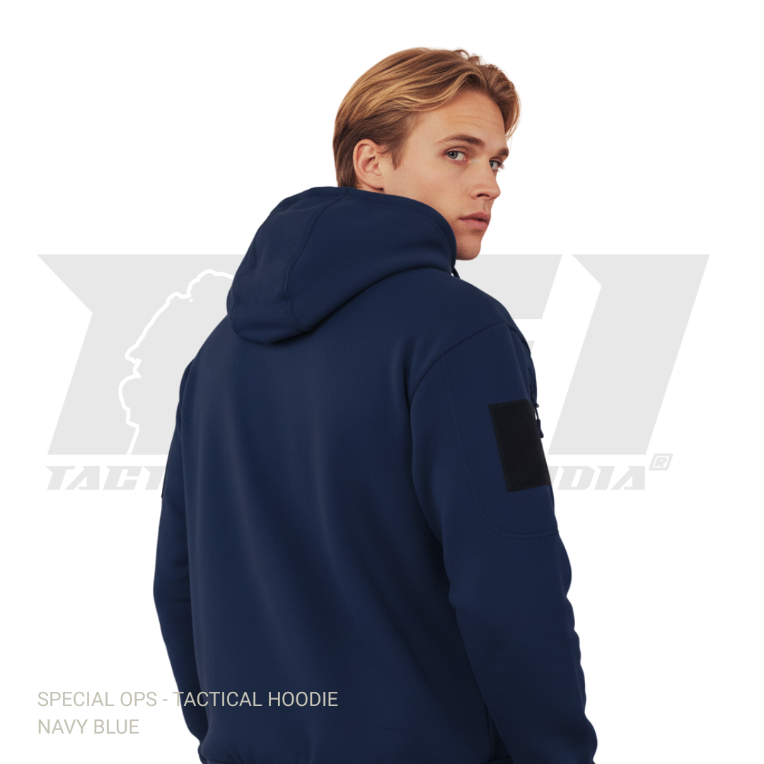 Tactical gear black hoodie with customizable patch area and functional sleeve pockets for winter