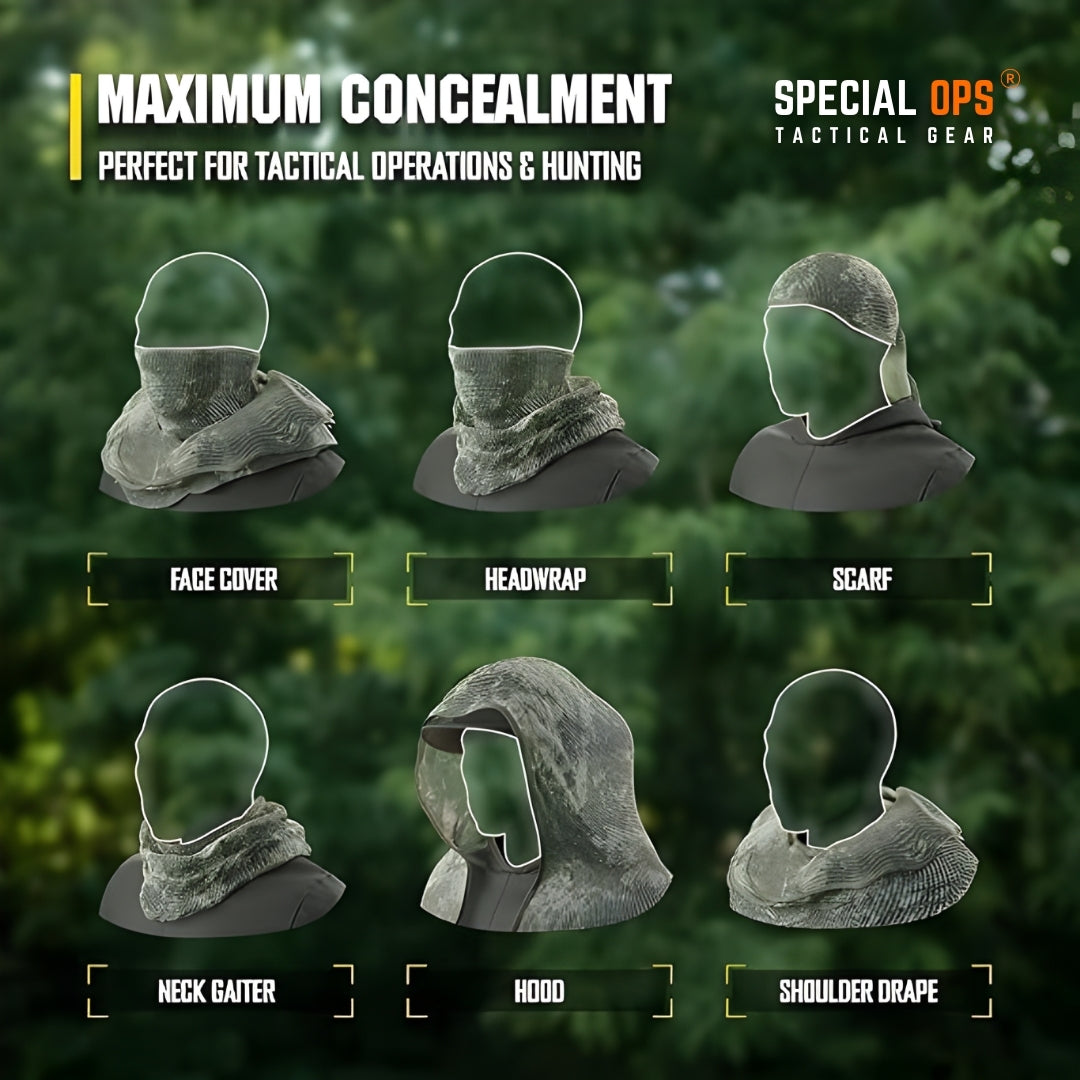 Close-up of 3D leaf pattern on forest green ghille net for concealment and its use