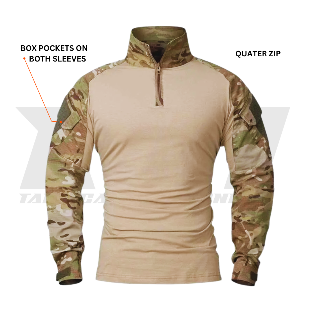 Tactical shirt with camouflage sleeves and beige body, featuring box pockets on both sleeves and a quarter zip design.