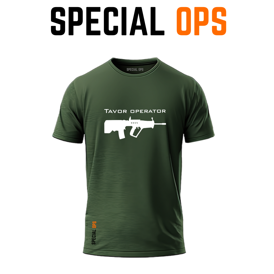 Front view of olive green Tavor Operator dry-fit t-shirt with rifle silhouette