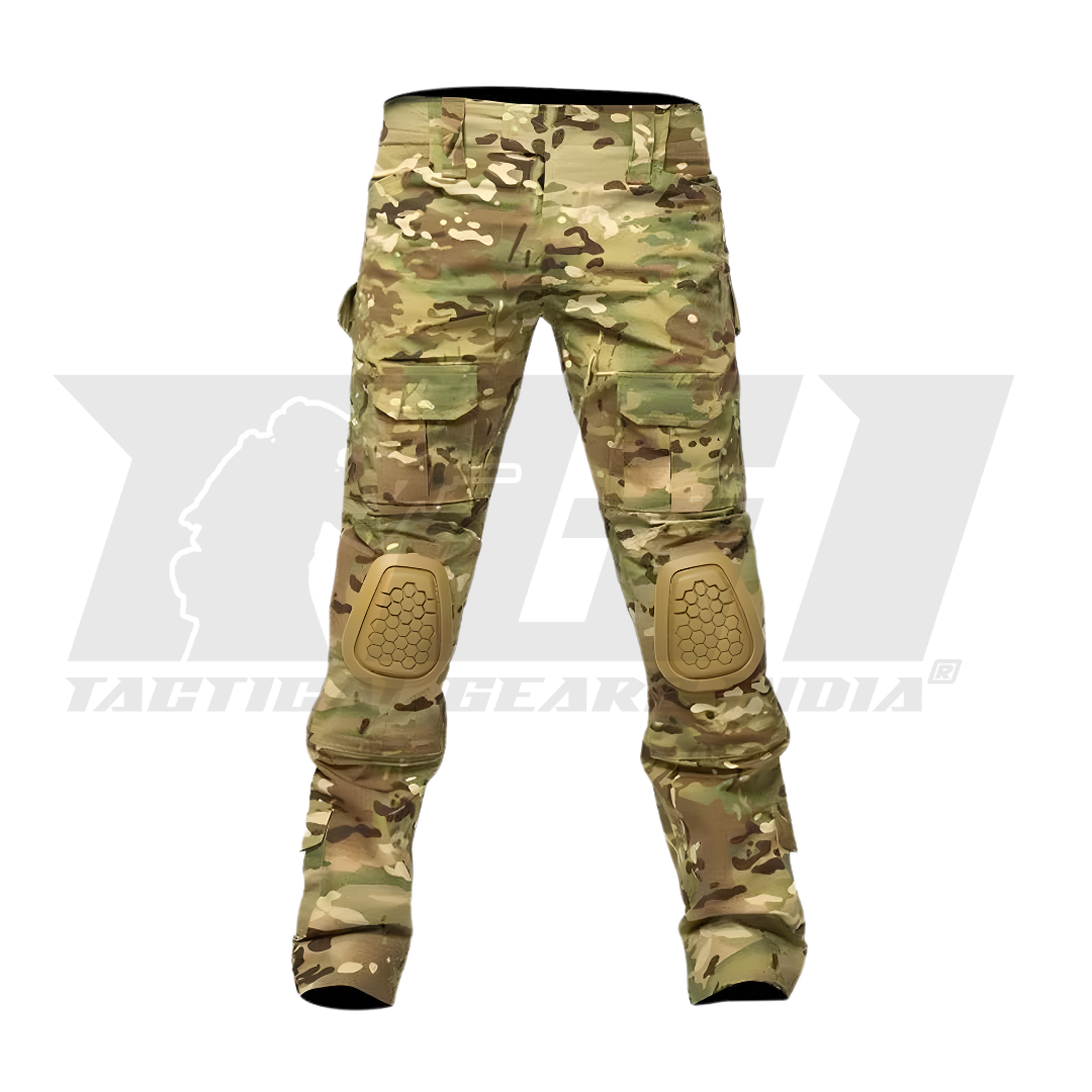 Multicam camouflage tactical pants with knee pads on a white background