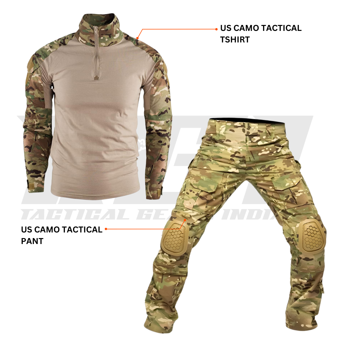 US Army combat uniform set in camo pattern with tactical pants and shirt