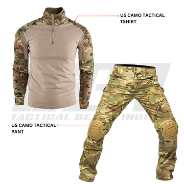 US Army combat uniform set in camo pattern with tactical pants and shirt
