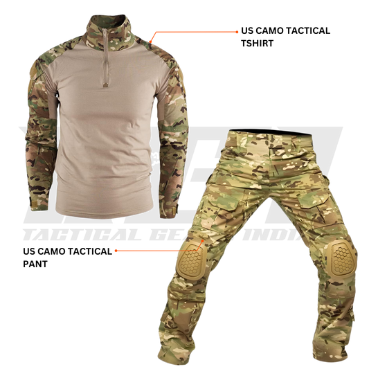 US Army combat uniform set in camo pattern with tactical pants and shirt