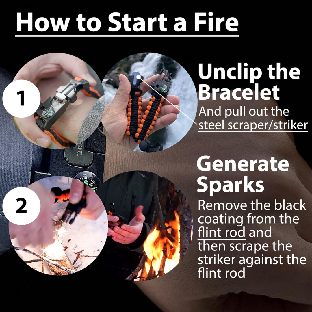 Compact emergency gear bracelet for fishing, trekking, and wilderness trips