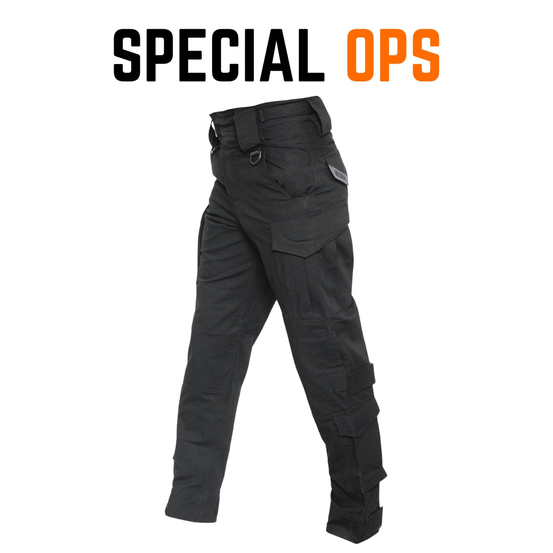 Close-up view of the ripstop fabric weave on the tactical trousers, highlighting durability.