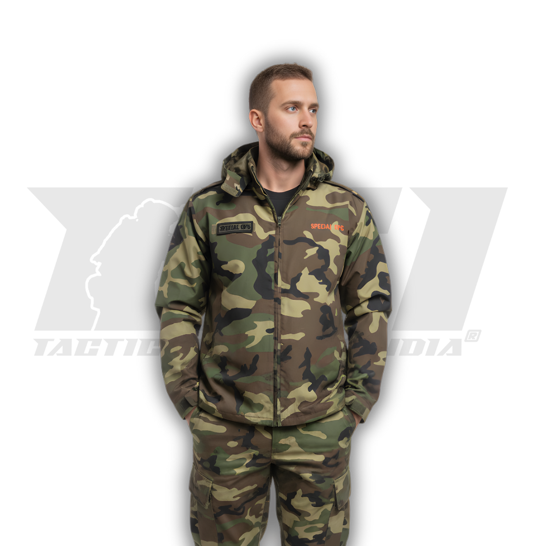 Man wearing Woodland Airshell WP Windjacket outdoors showing adjustable hood and elastic cuffs