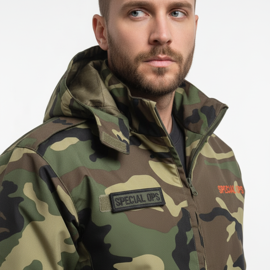 Close-up of DWR water-repellent treatment beading on Woodland Airshell jacket surface