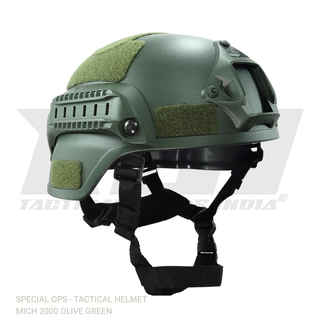 SPECIAL OPS MICH 2000 tactical helmet in olive drab green with NVG mount and side rails for airsoft and tactical training