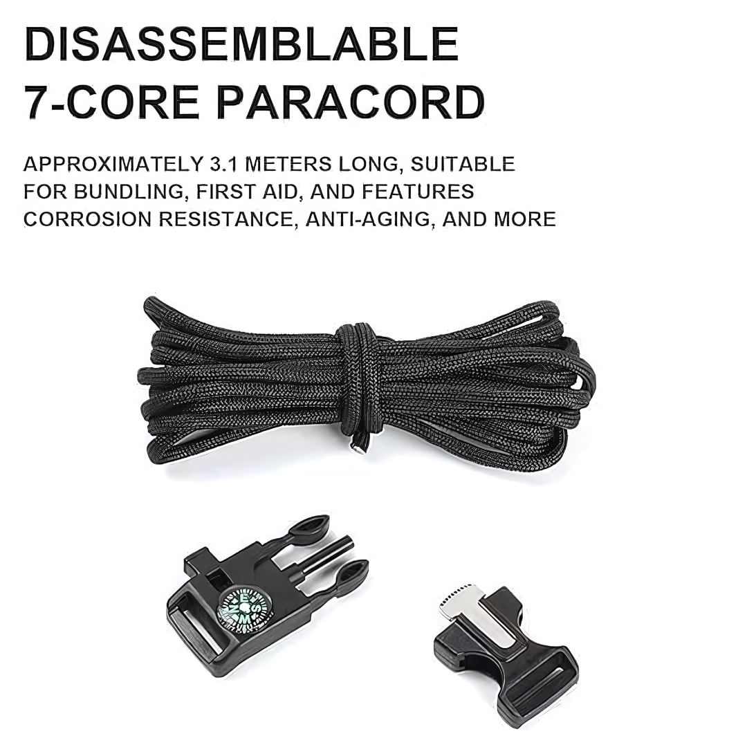 Unraveled olive green and black survival bracelet showing paracord strands