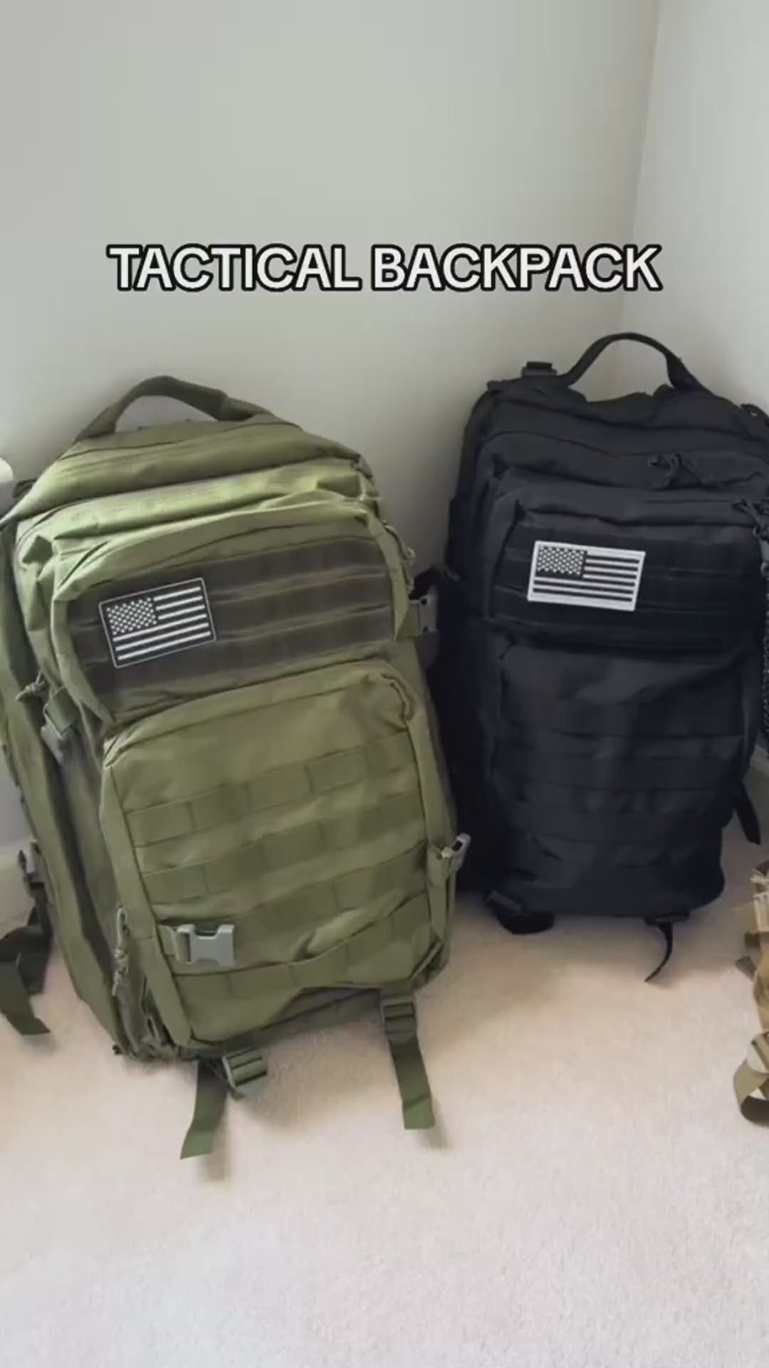 Olive green military backpack with adjustable waist straps and breathable mesh back panel