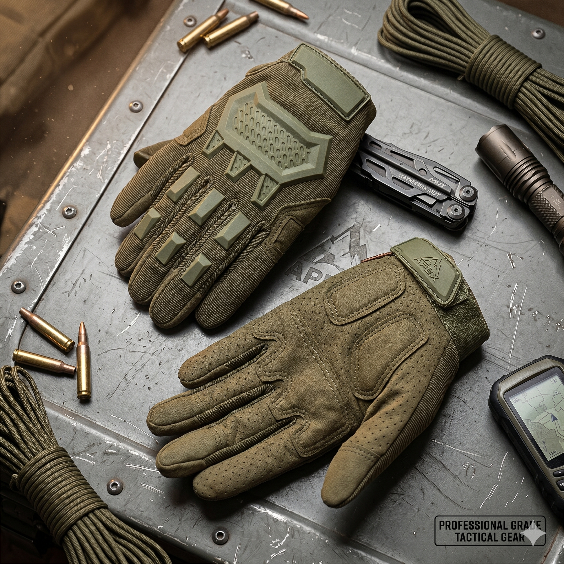 SPECIAL OPS premium tactical gloves in olive green resting on a rugged metal surface.