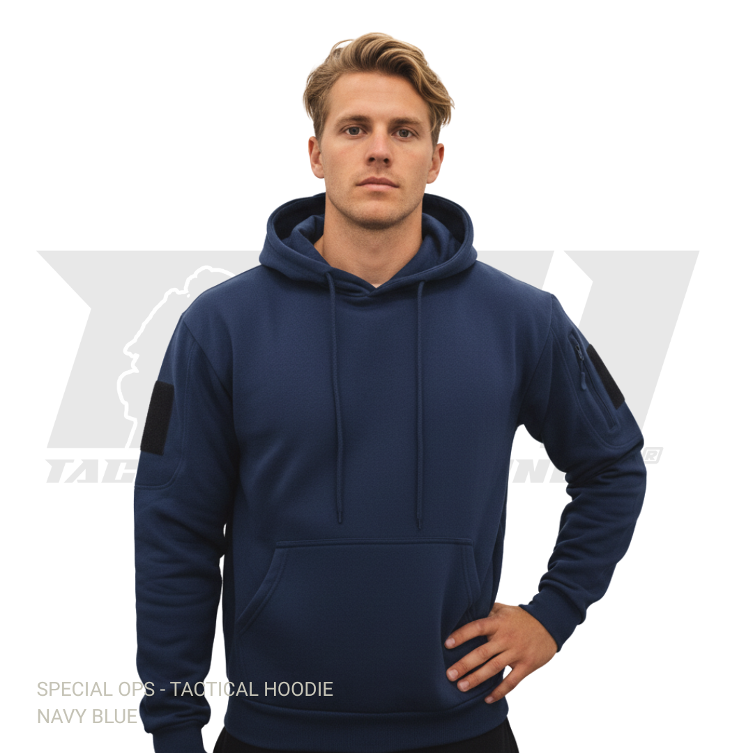 Special Ops tactical winter hoodie featuring adjustable hood and sleeve storage pockets in black