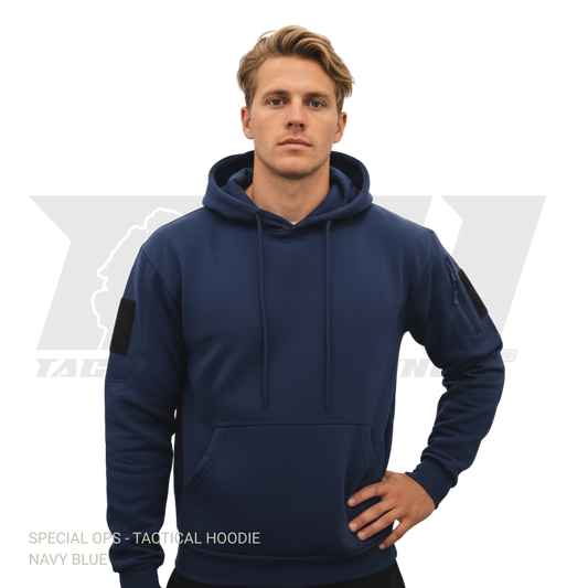 Special Ops tactical winter hoodie featuring adjustable hood and sleeve storage pockets in black