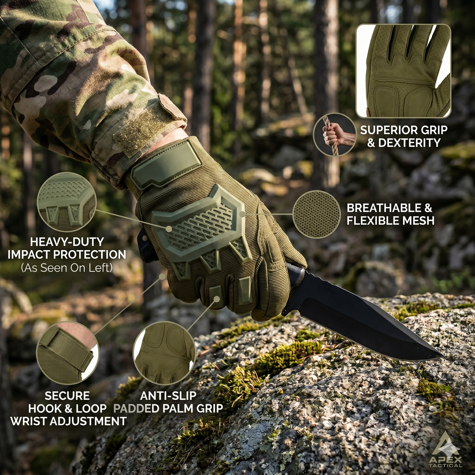 Anti-slip textured palm grip on tactical riding gear for enhanced throttle control.