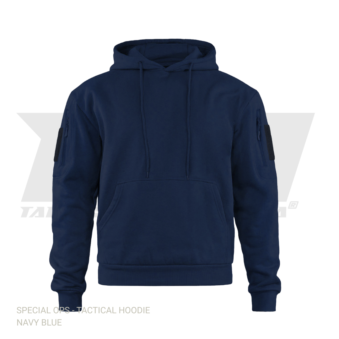 Black tactical hoodie with zipper pockets on sleeves and velcro patch panels for military and outdoor use