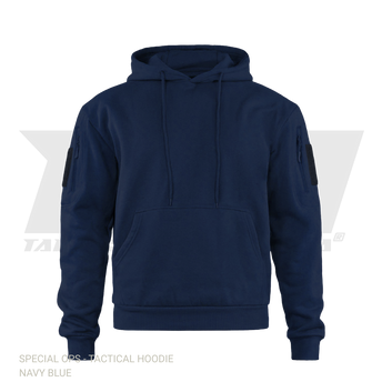 Black tactical hoodie with zipper pockets on sleeves and velcro patch panels for military and outdoor use