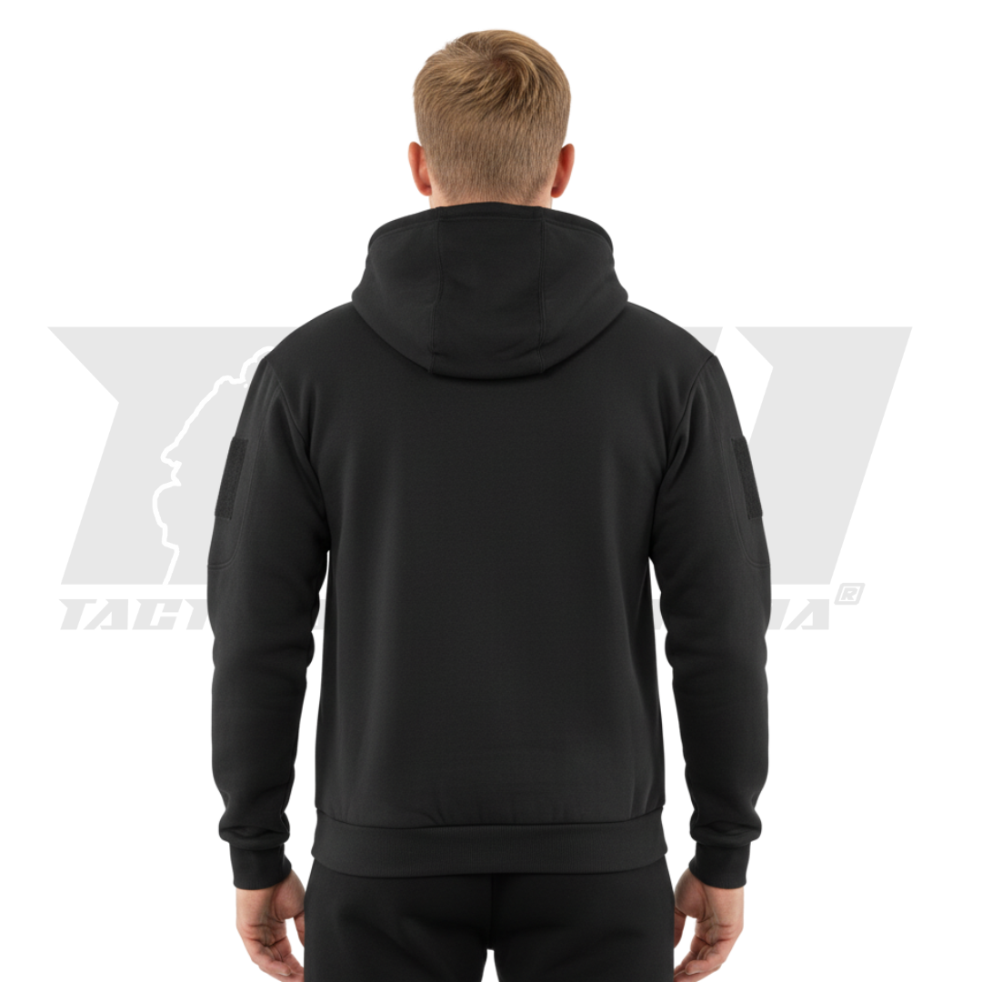 Adjustable hood and front zipper of the military-style hoodie